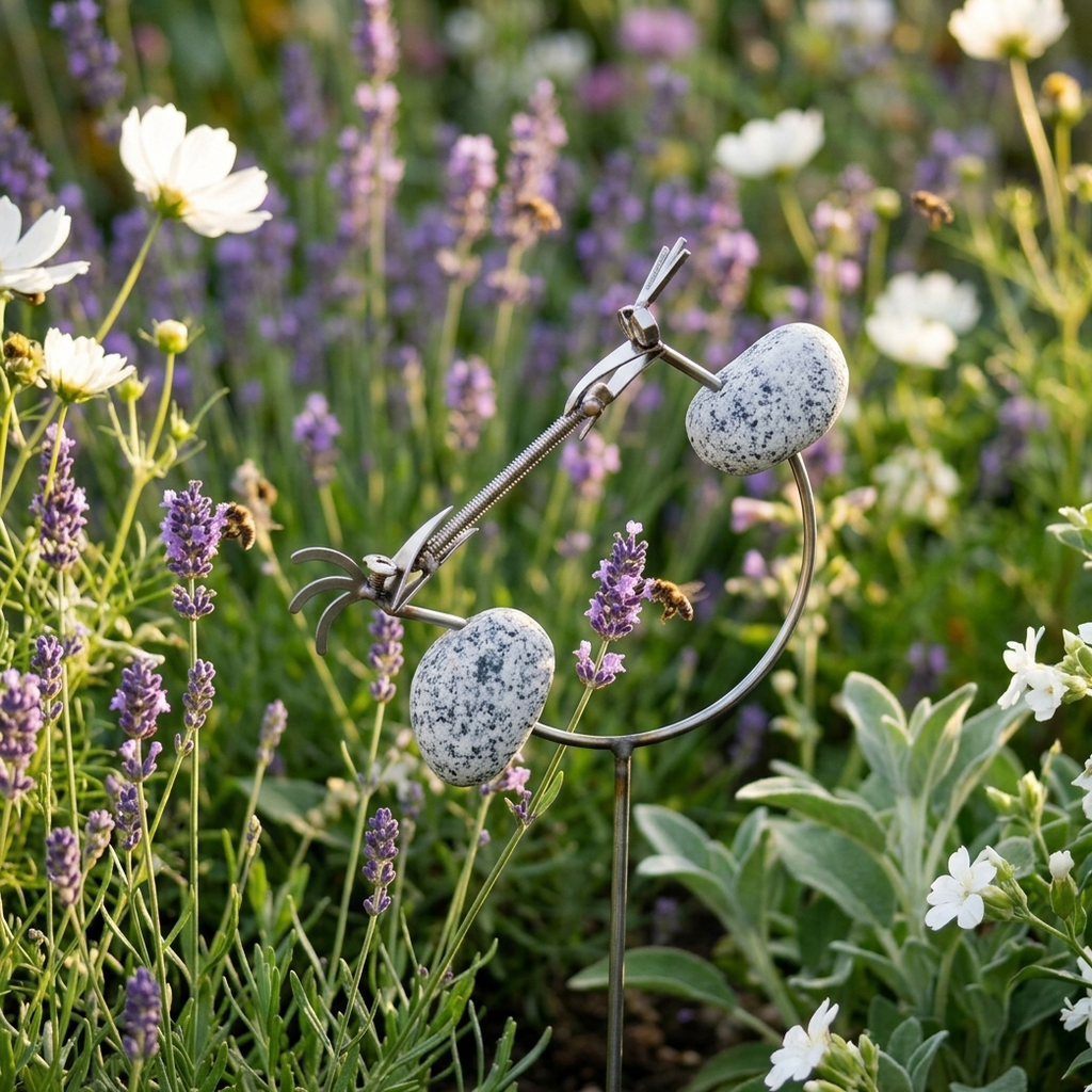 Gartenstecker „Wurmduell“ mit 2 Steinvögeln – Granit & Edelstahl – ca. 100 cm