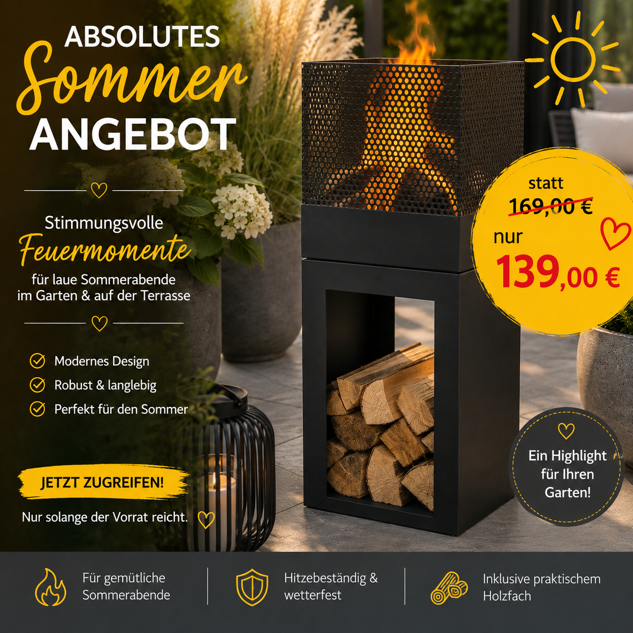 Feuerkorb mit Holzlager aus Metall – Schwarz 90 cm