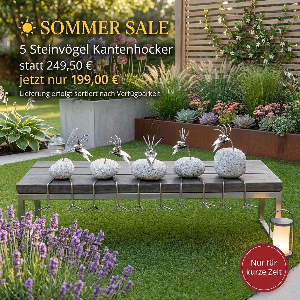 Sommerangebot – 5 Steinvögel Kantenhocker aus Granit & Edelstahl |