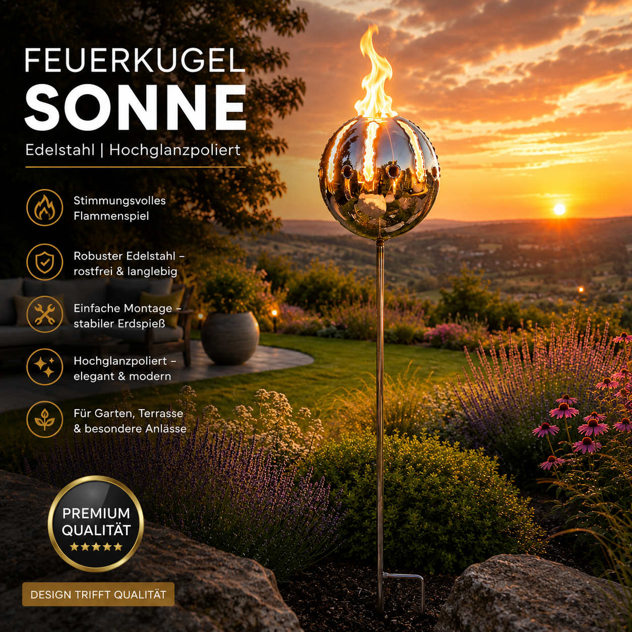 Große Feuerkugel Motiv Sonne Ø 18 cm XL Edelstahl