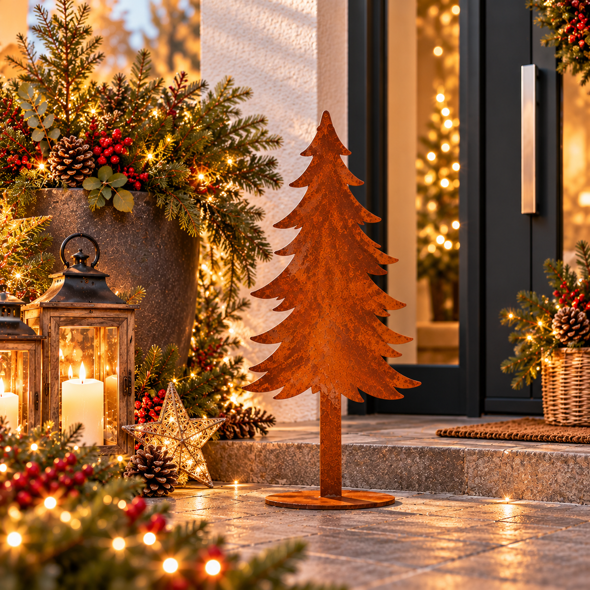 Edelrost Tannenbaum aus Metall auf Standplatte – 3 Größen zur Wahl