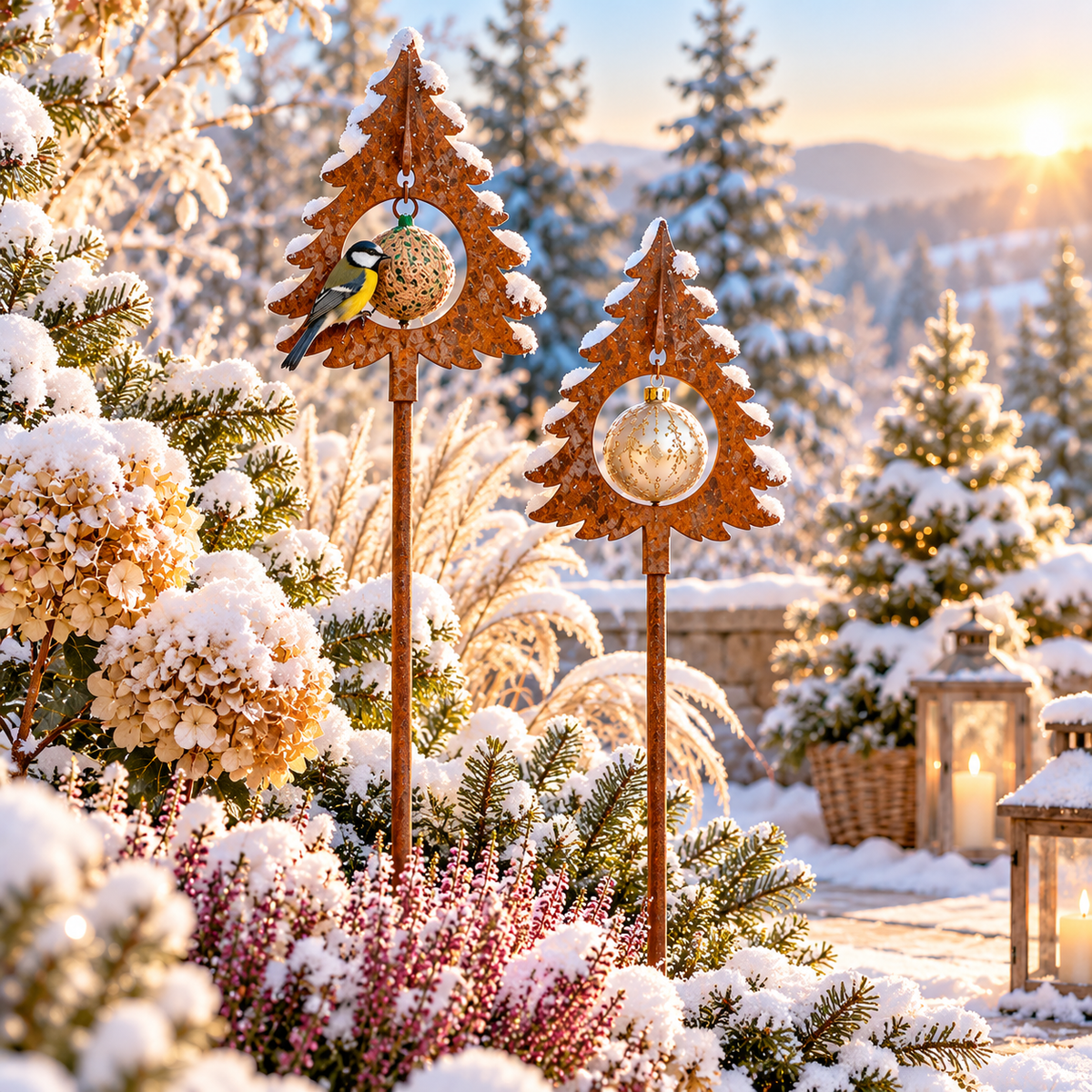Gartenstecker Tanne aus Edelrost für Meisenknödel oder Christbaumkugel Höhe 125 cm