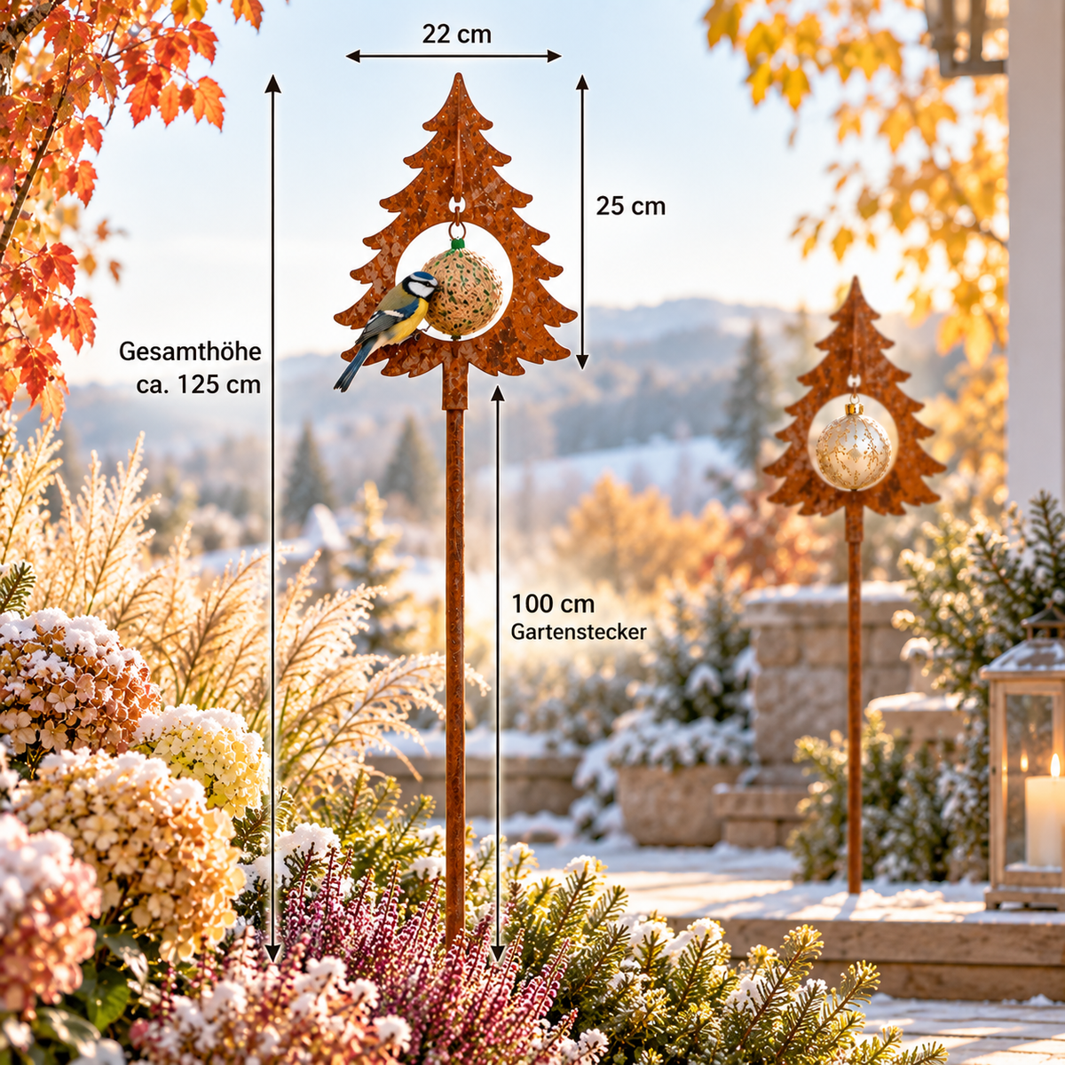 Gartenstecker Tanne aus Edelrost für Meisenknödel oder Christbaumkugel Höhe 125 cm