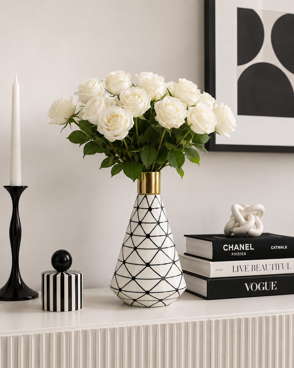Vase XOXO Keramik ca. 26 cm hoch weiß, schwarz und gold – Dekolina