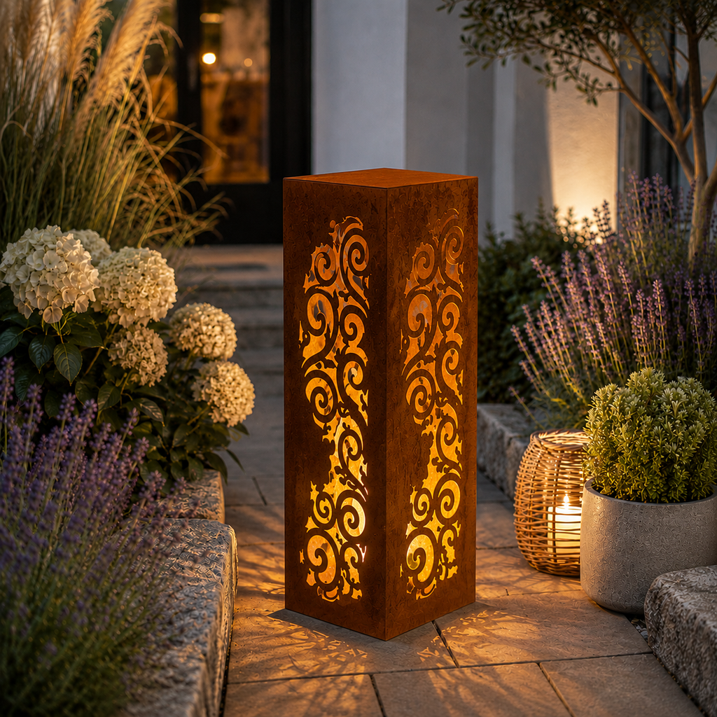 Edelrost Lichtsäule „Venezia“ 100 cm – beleuchtbare Gartensäule mit großen Ausschnitten