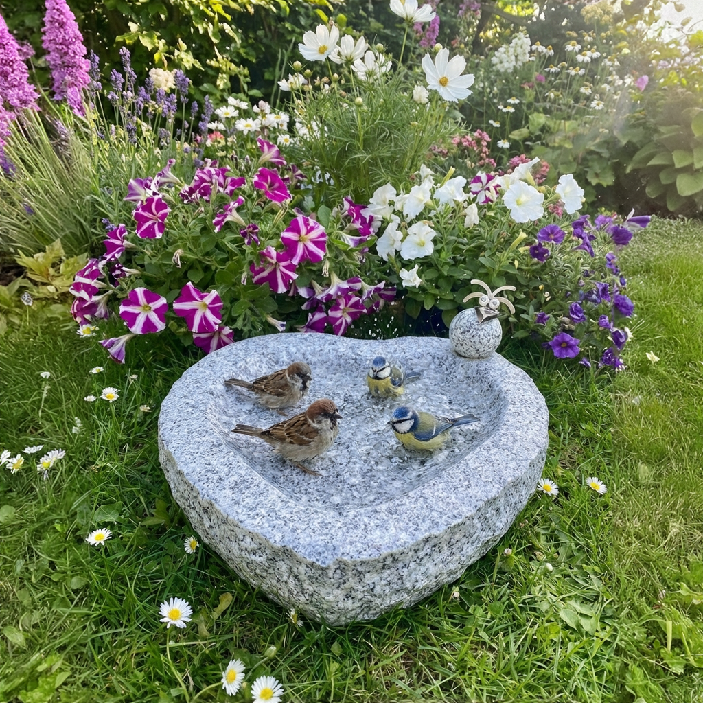 Vogelbad Herz mit 1 Vogel aus Granit & Edelstahl ca. 30x30x10 cm