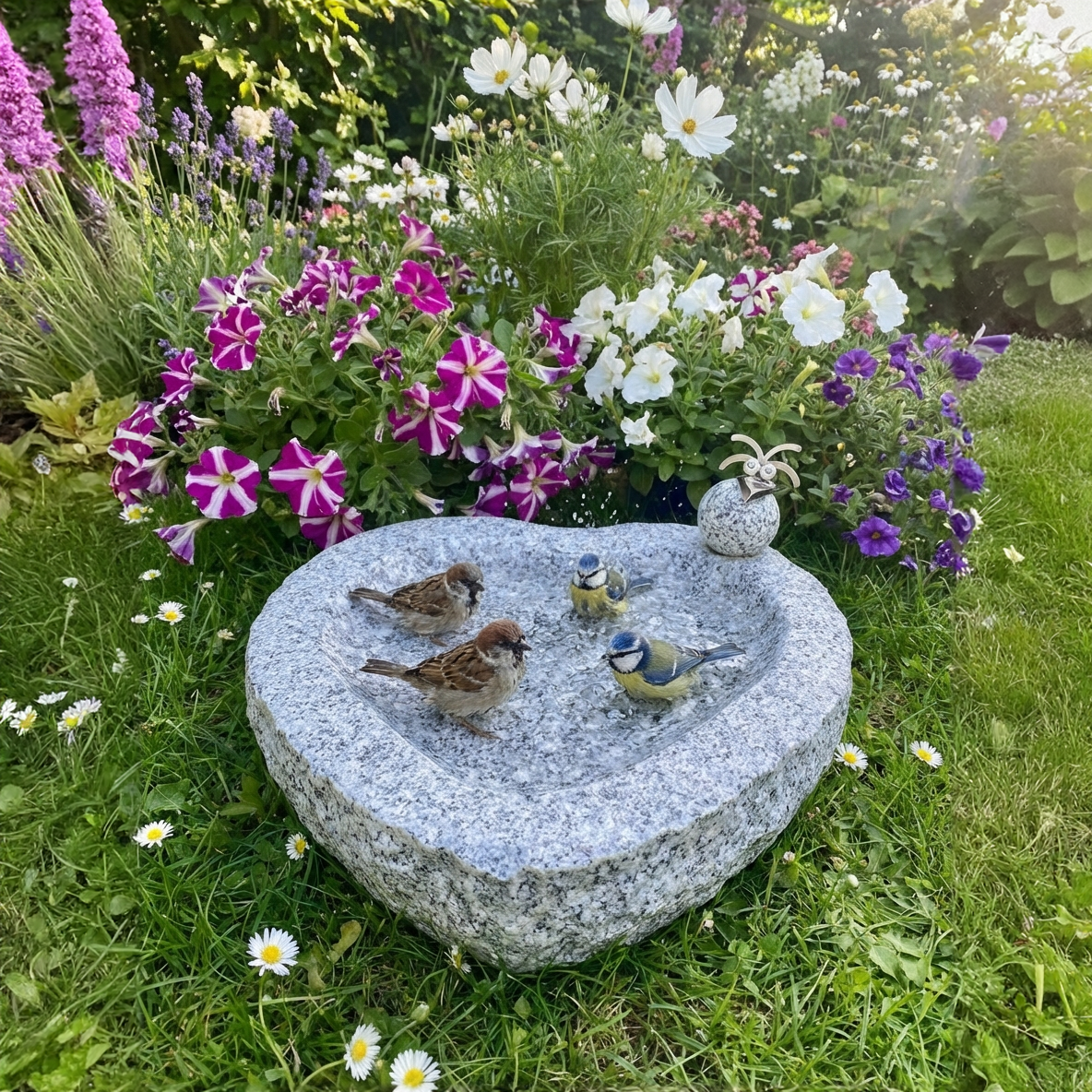 Vogelbad Herz mit 1 Vogel aus Granit & Edelstahl ca. 30x30x10 cm