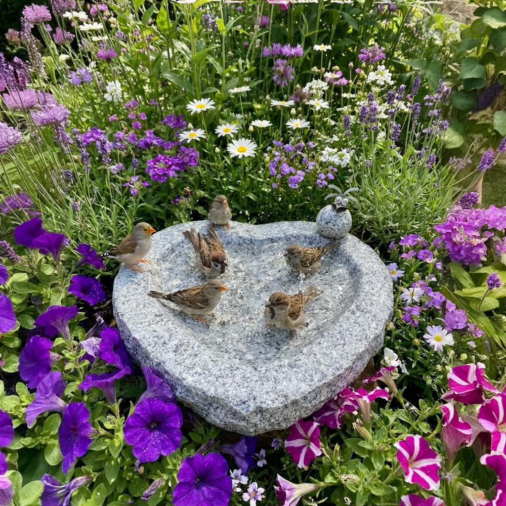 Vogelbad Herz mit 1 Vogel aus Granit & Edelstahl ca. 30x30x10 cm