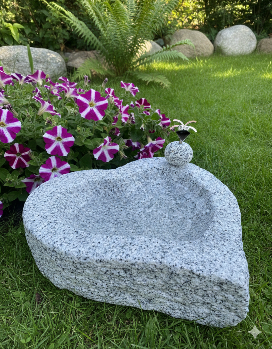 Vogelbad Herz mit 1 Vogel aus Granit & Edelstahl ca. 30x30x10 cm