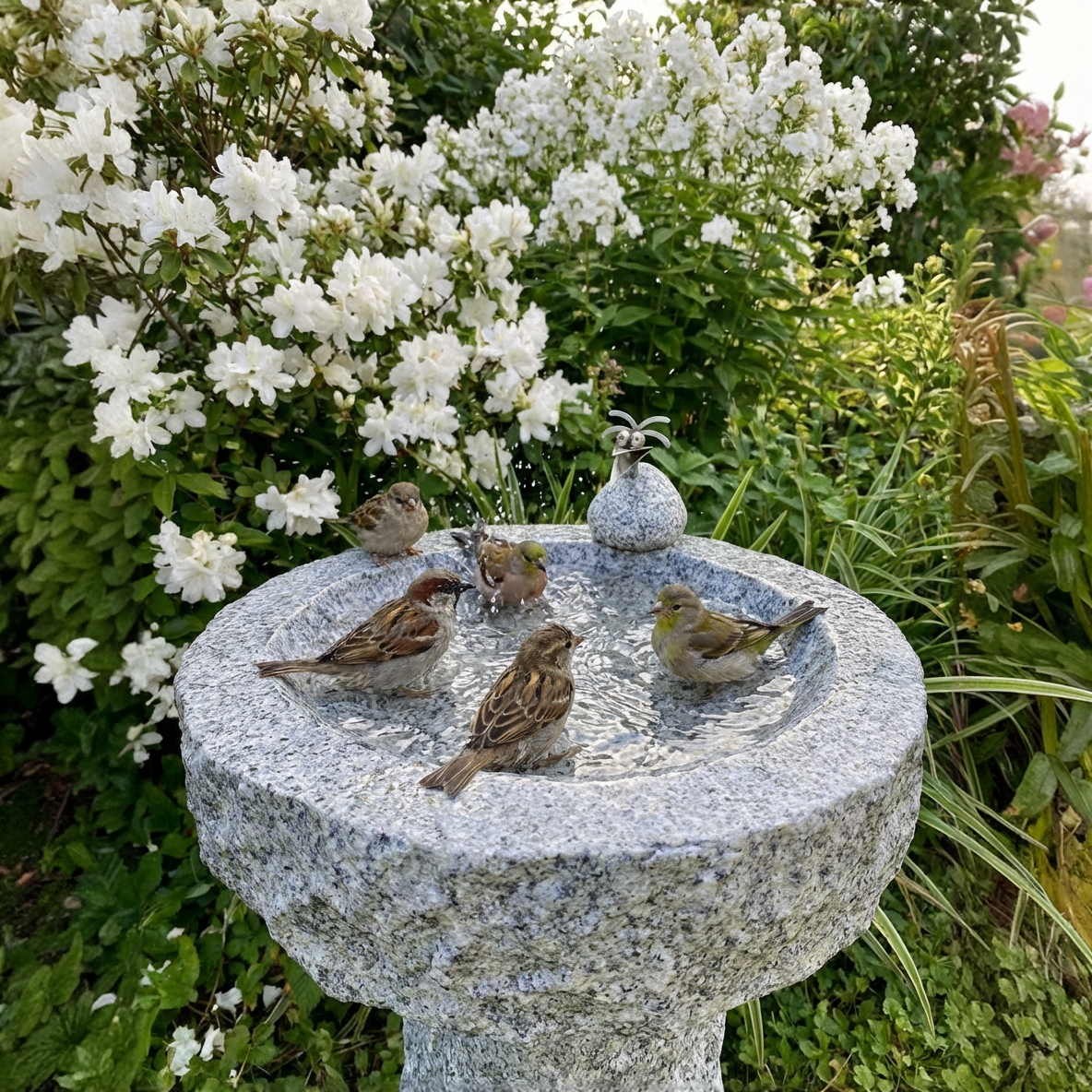 Vogelbad Granit rund ca. 35 cm mit 1 Steinvogel Granit und Edelstahl