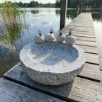 Vogelbad Granit rund ca. 35 cm mit 4 Steinvögeln Granit und Edelstahl