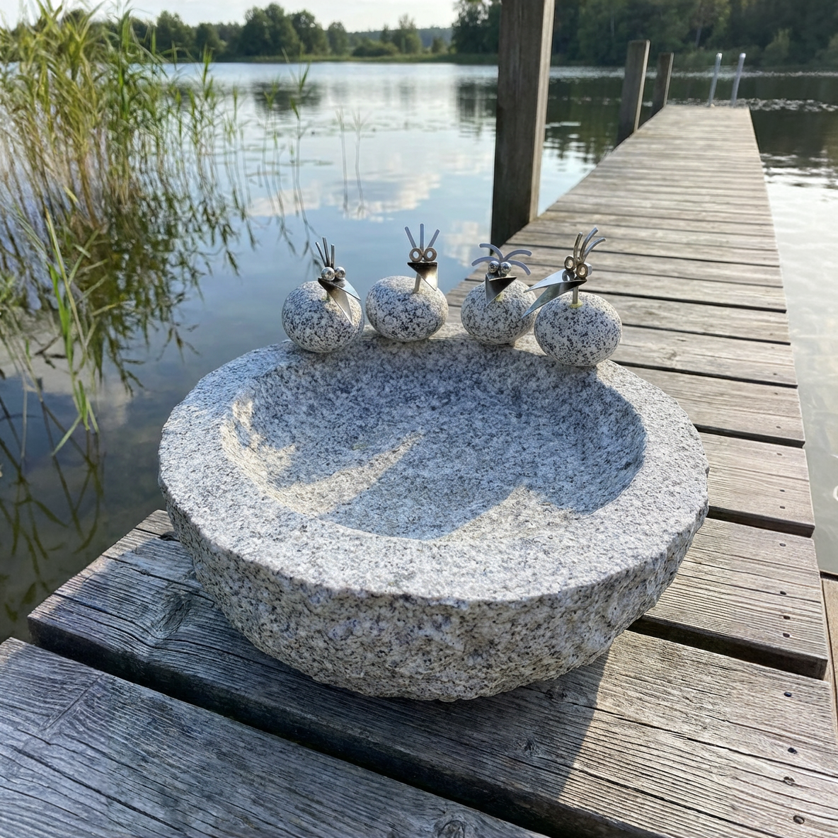 Vogelbad Granit rund ca. 35 cm mit 4 Steinvögeln Granit und Edelstahl