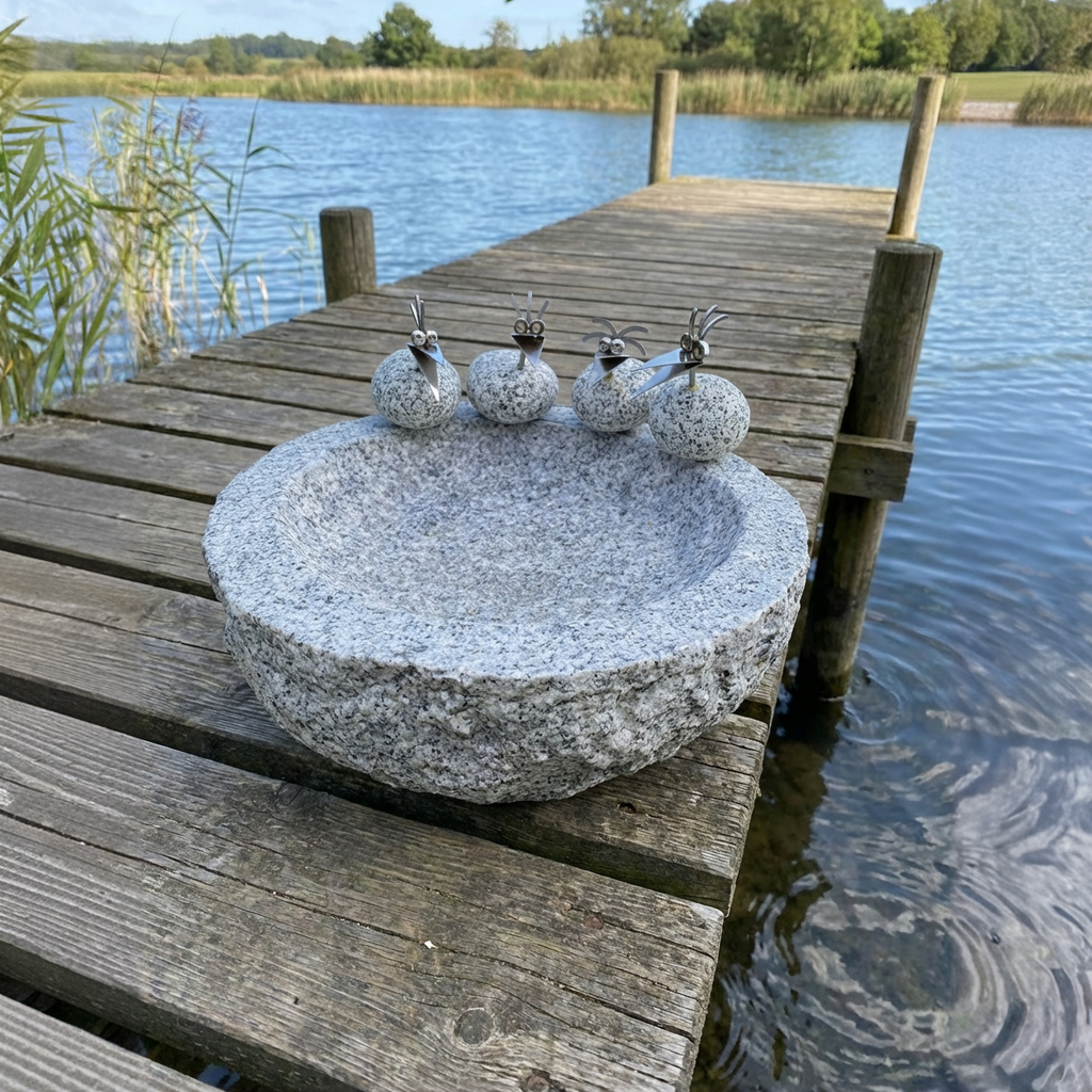 Vogelbad Granit rund ca. 35 cm mit 4 Steinvögeln Granit und Edelstahl