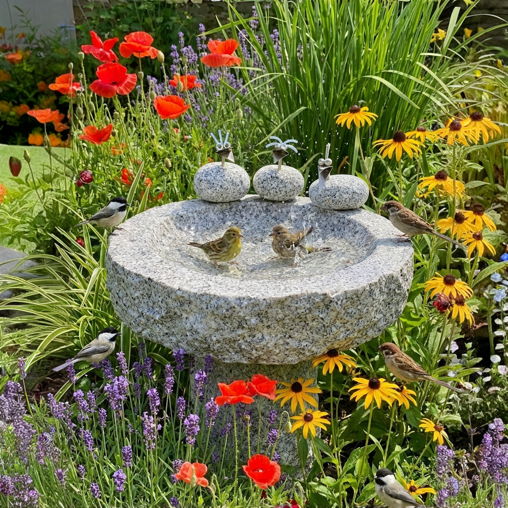 Vogelbad Granit rund ca. 35 cm mit 3 Steinvögeln Granit und Edelstahl