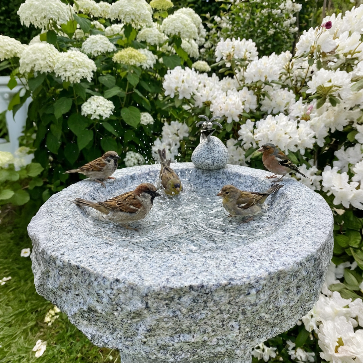 Vogelbad Granit rund ca. 35 cm mit 1 Steinvogel Granit und Edelstahl