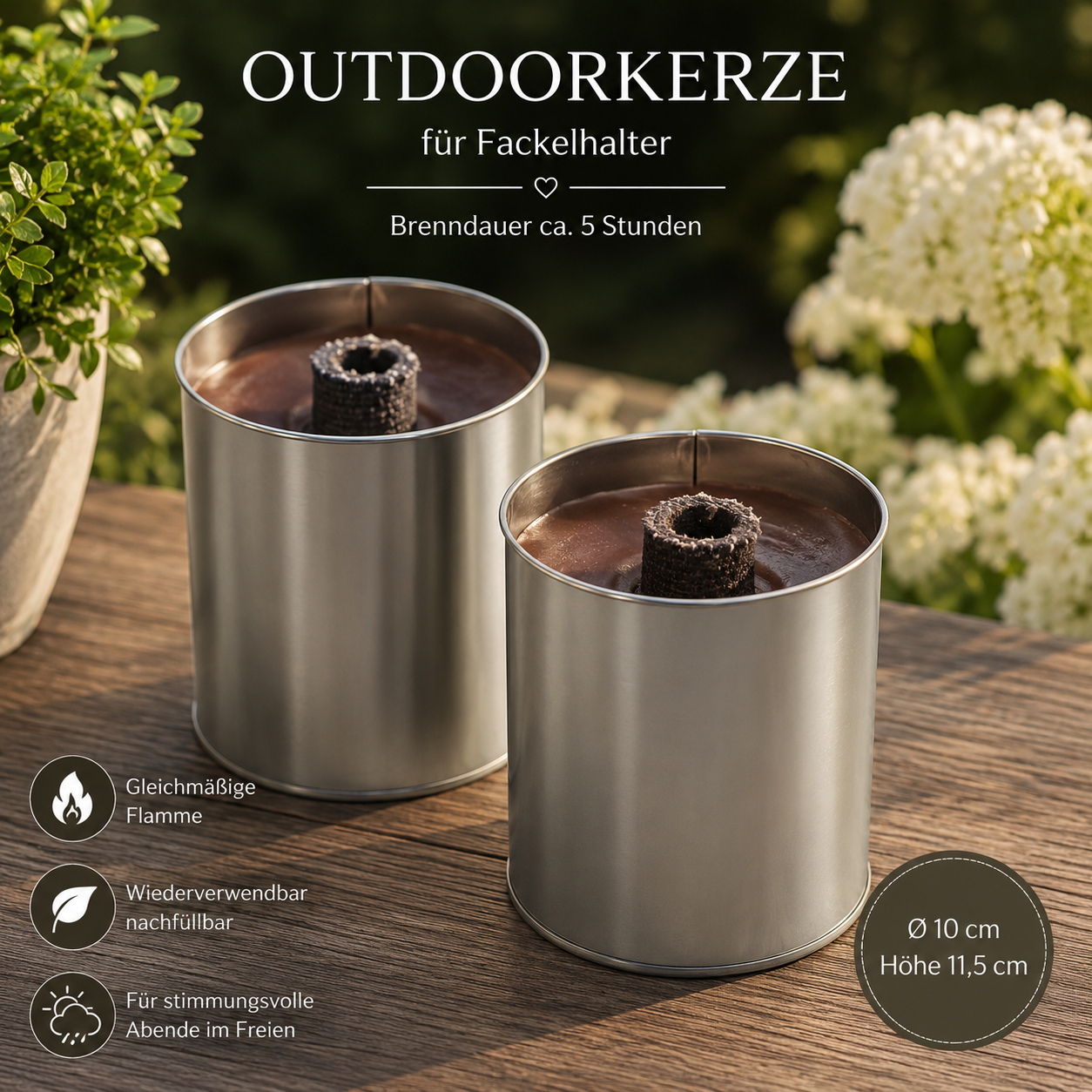 Outdoorkerze mit Paraffinwachs für Fackelhalter Ø 10 cm – Brenndauer ca. 5 Stunden