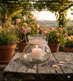 Windlicht „Candle Light“ 16 cm – Glas mit weißem Spitzenband
