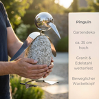 Pinguin Gartendeko aus Granit & Edelstahl 35 cm handgefertigt mit Wackelkopf