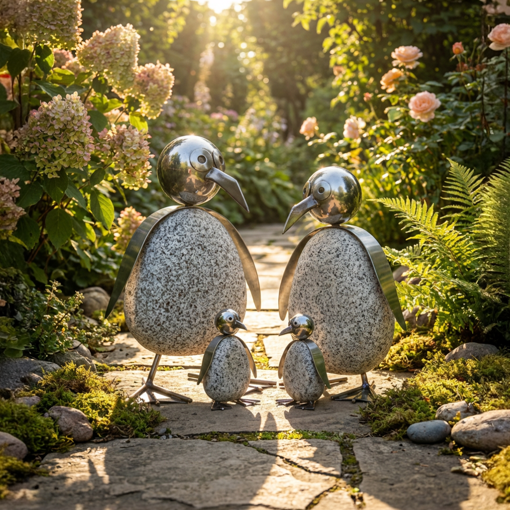 Großer Pinguin Gartendeko aus Granit & Edelstahl 45 cm handgefertigt mit Wackelkopf