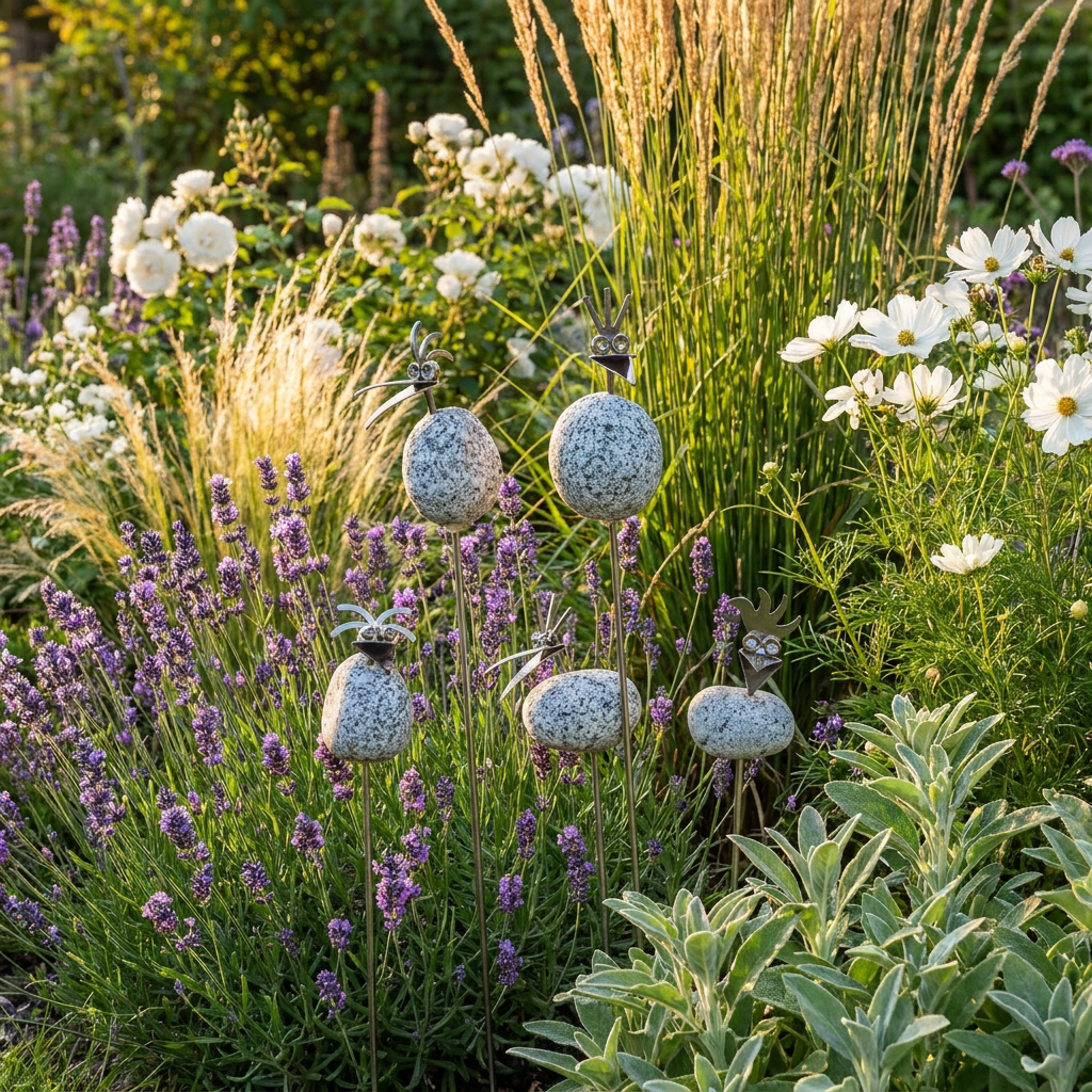 Sommerangebot  5 Steinvogel Küken Gartenstecker aus Granit & Edelstahl – 5 zum Preis von 4