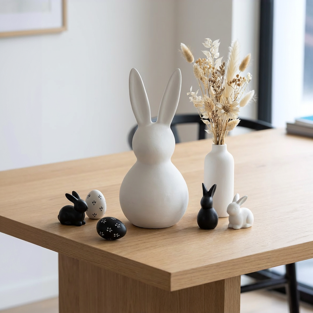 Deko Osterhasenset Keramik, 3 Hasen in Schwarz & Weiß & Olivegrau – Modernes Deko-Trio in Wischtechnik | ca. 43 cm