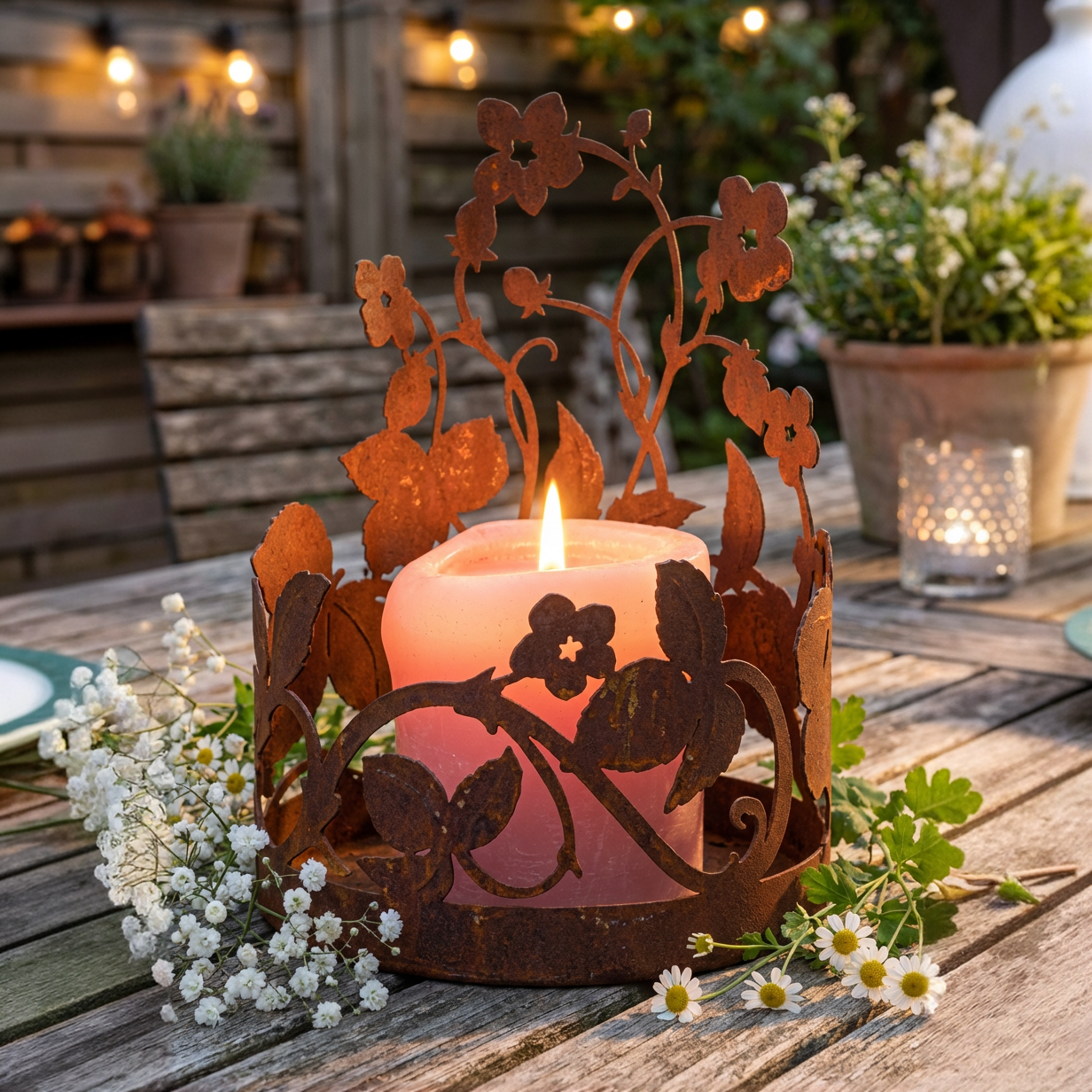 Edelrost Windlichthalter 21 cm  mit Glaseinsatz  Erdbeer Ranke