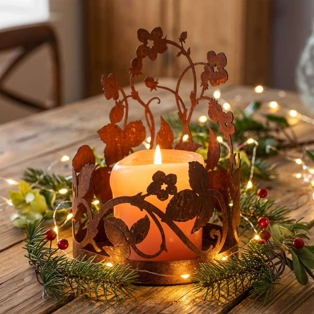 Edelrost Windlichthalter 21 cm  mit Glaseinsatz  Erdbeer Ranke