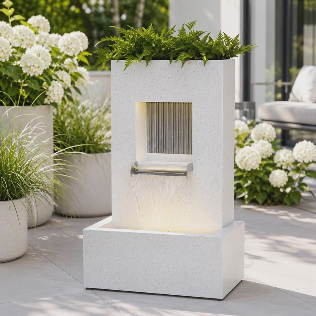 Design Gartenbrunnen mit Pflanzgefäß & LED-Beleuchtung – Weiß – 83,5 cm
