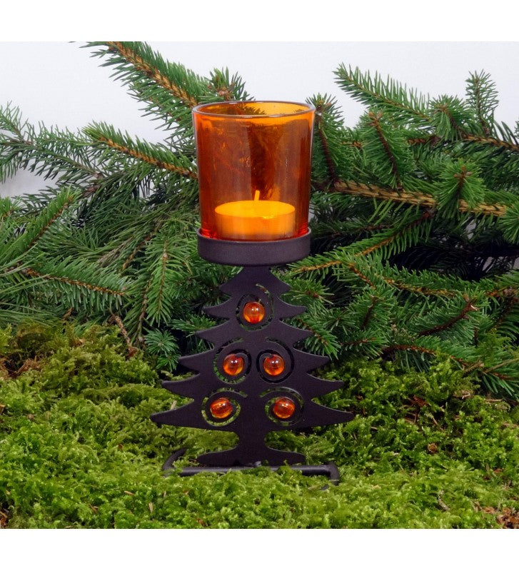 Teelicht orange mit Tannenbaum ca, 17,5cm hoch – Dekolina